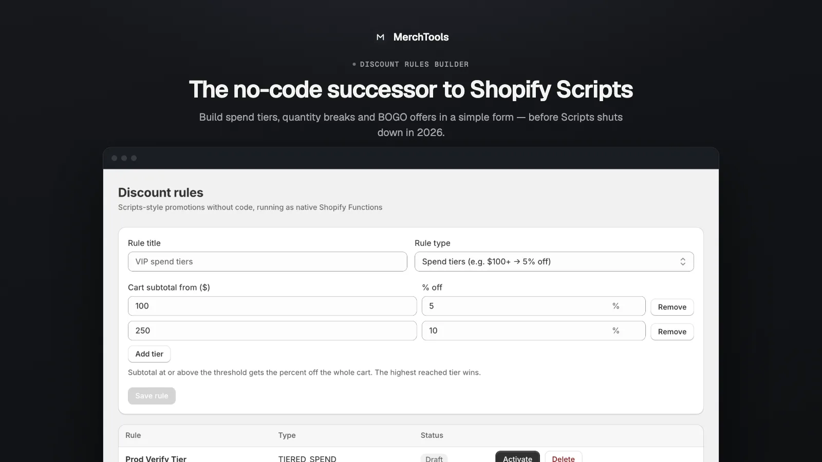 Structured spend-tier rows in the rule builder