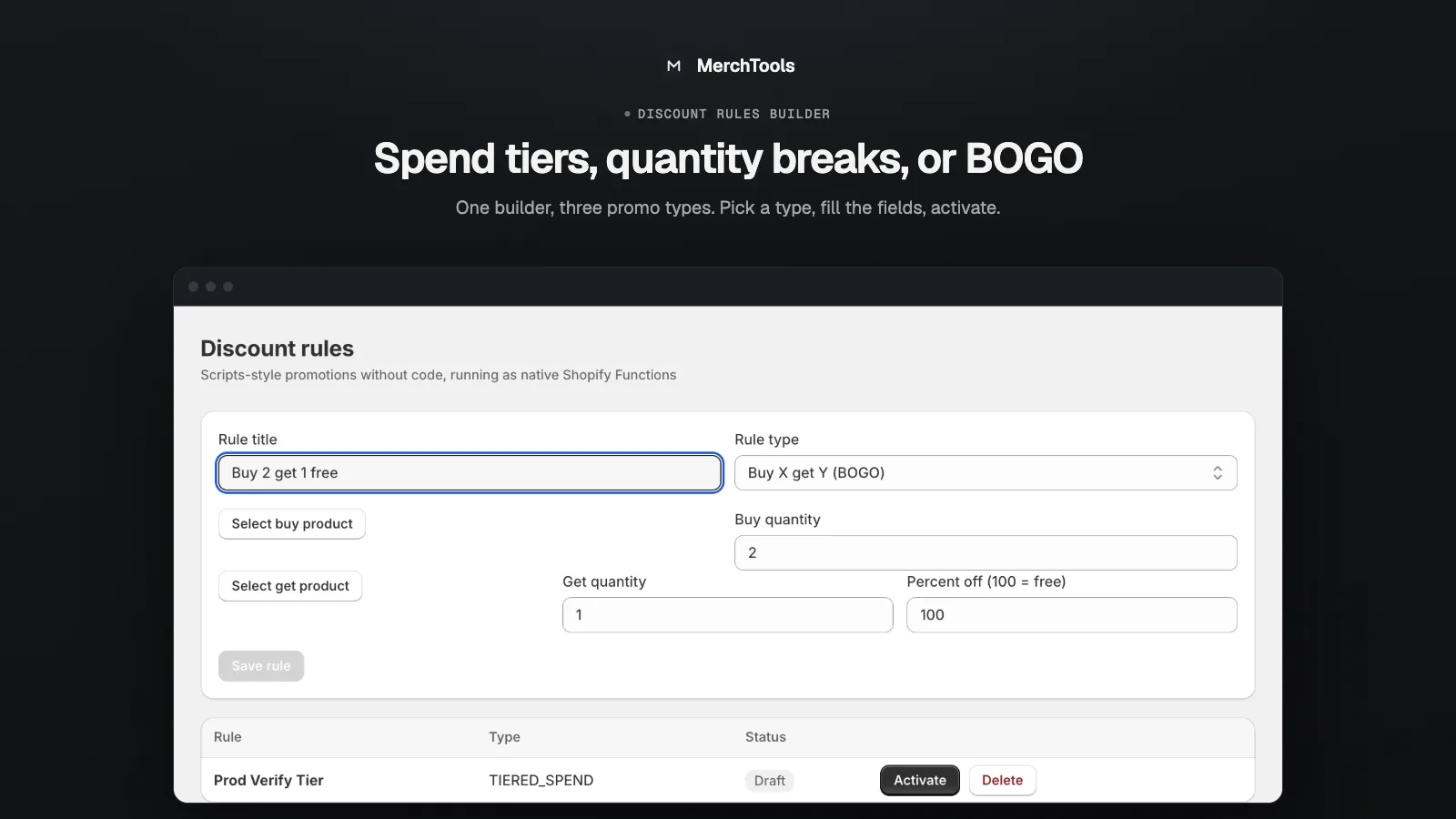 Rule type picker with spend tiers, quantity breaks and Buy X Get Y