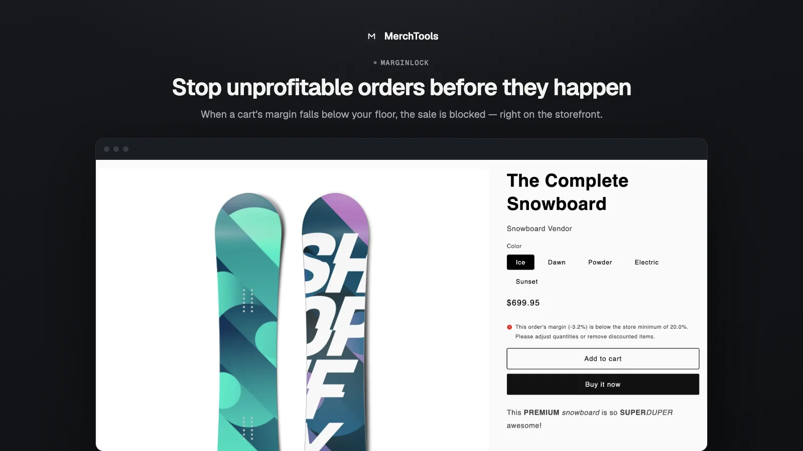 Shopify checkout blocked by MarginLock with a below-minimum-margin message