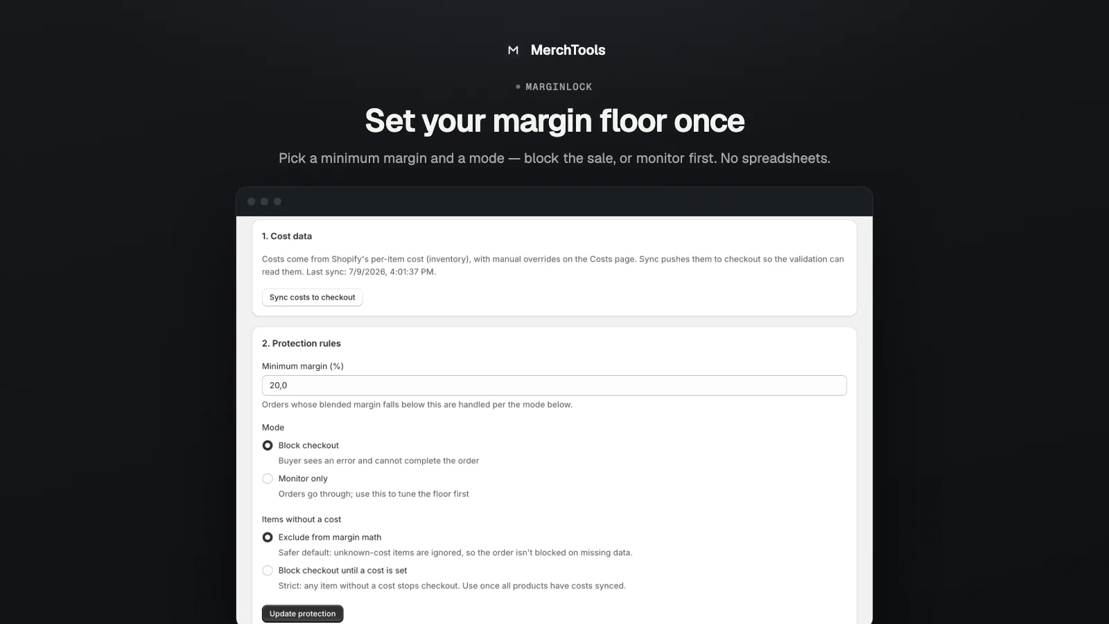 MarginLock settings: minimum margin floor, mode and missing-cost policy