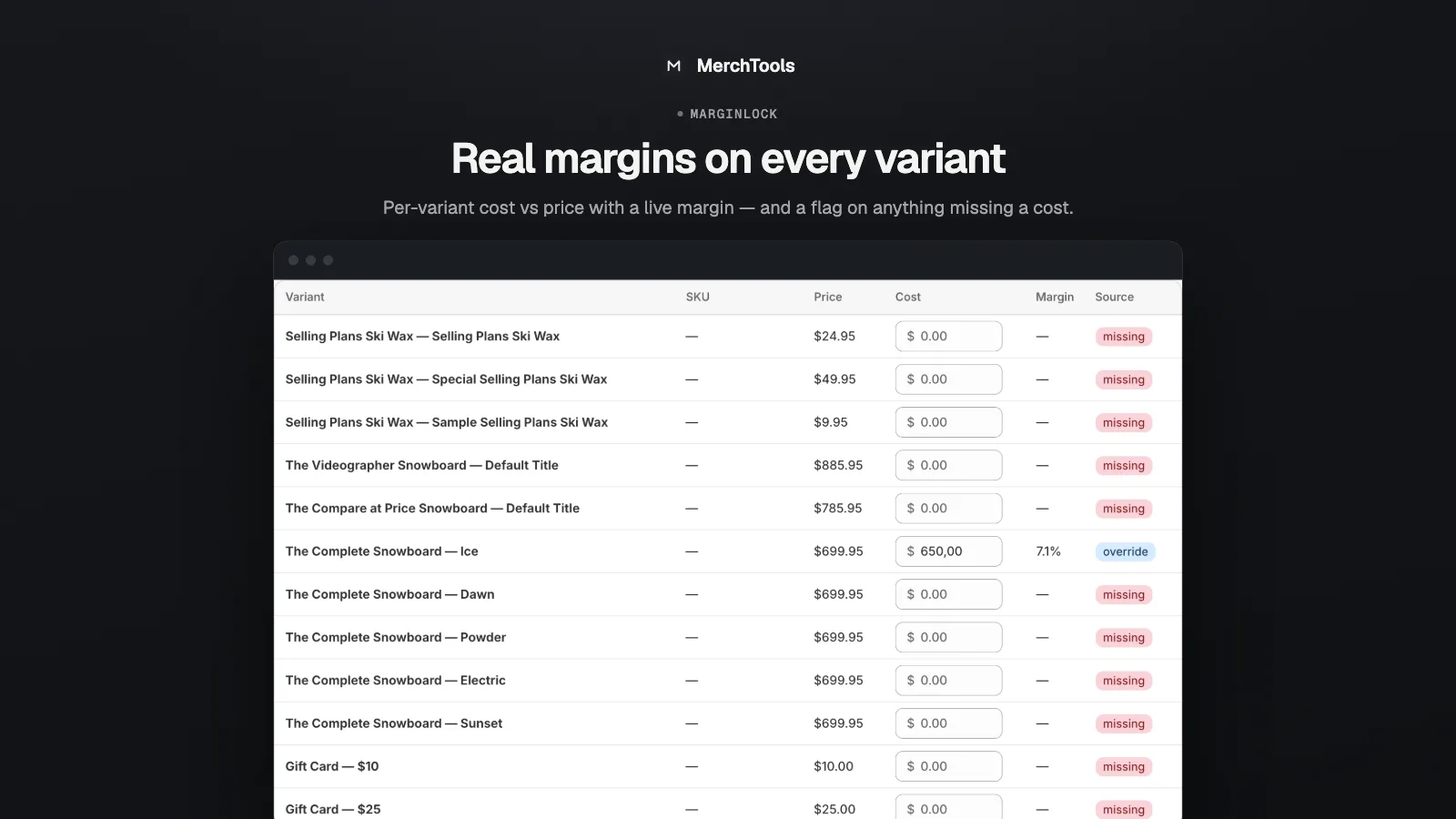 MarginLock per-variant cost vs price table with live margins