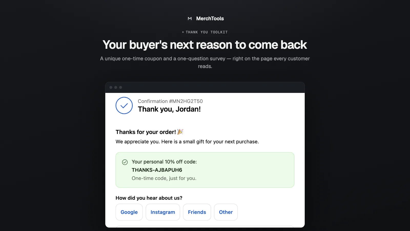 Thank-you page with a minted unique coupon code