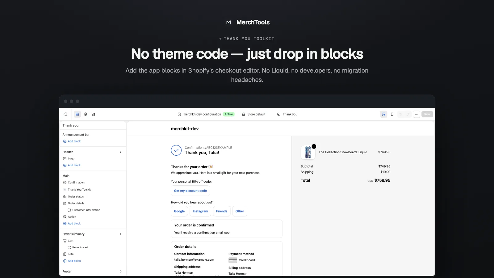 Shopify checkout editor with Thank You Toolkit app blocks on the Thank-you page