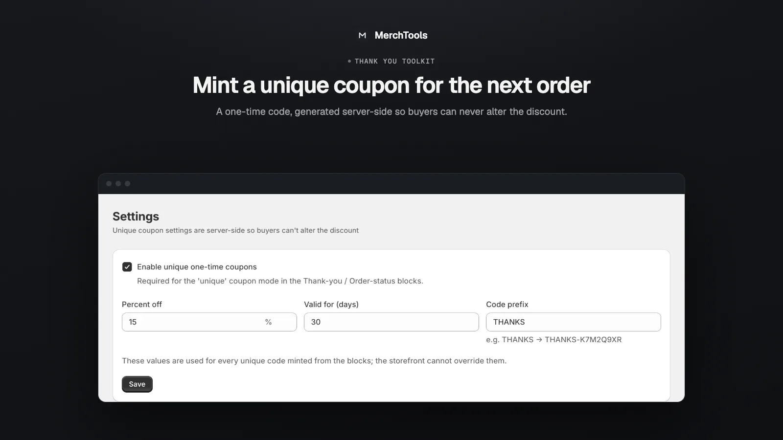 Thank You Toolkit admin settings for coupon type, discount percent and code prefix